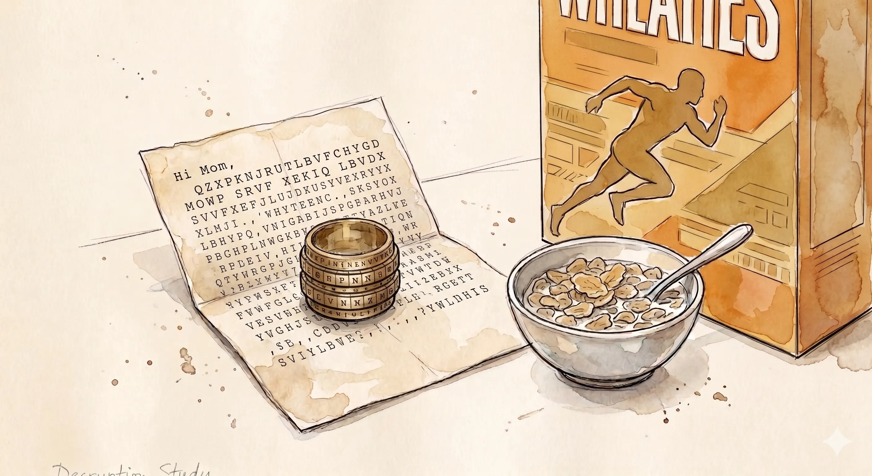 A coded letter addressed 'Hi Mom' with cipher text, alongside a decoder ring cipher wheel and a Wheaties cereal box