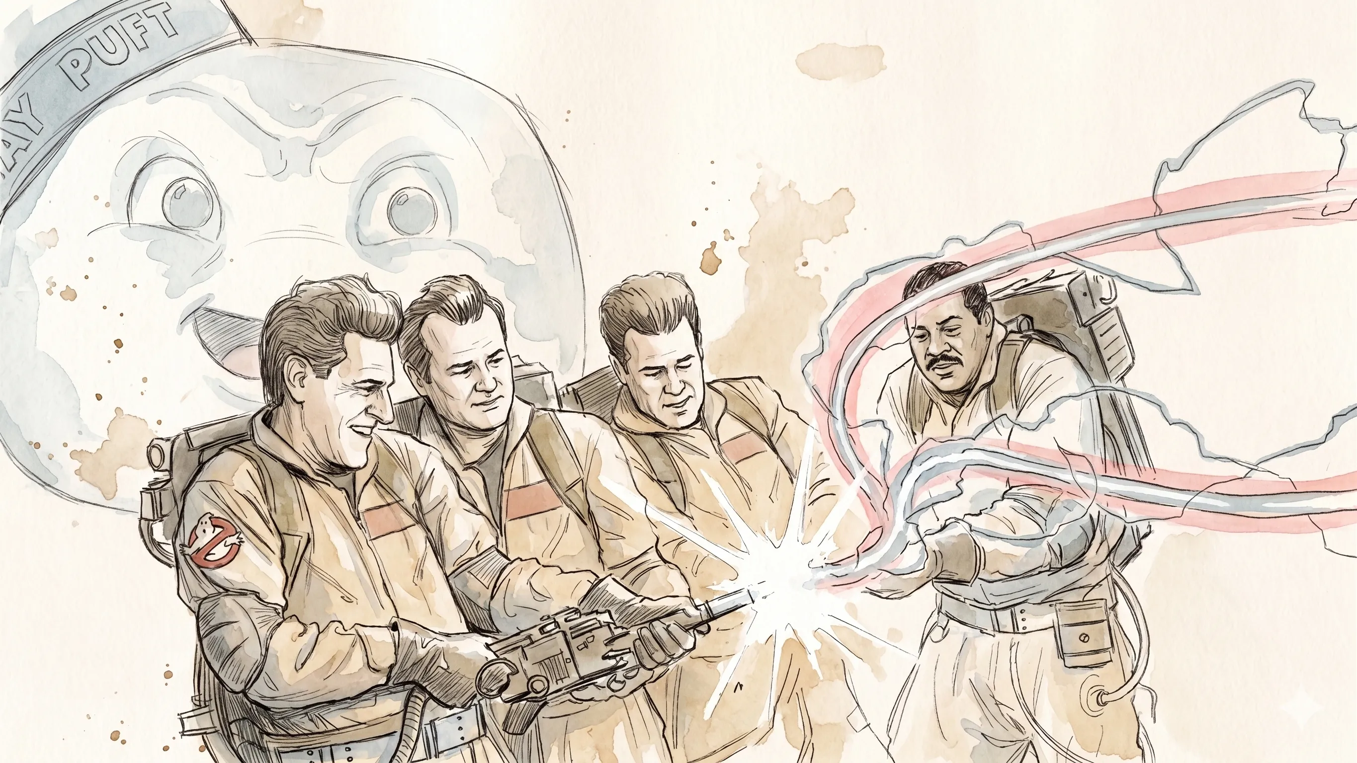 Ghostbusters characters crossing their proton streams, with the Stay Puft Marshmallow Man looming in the background