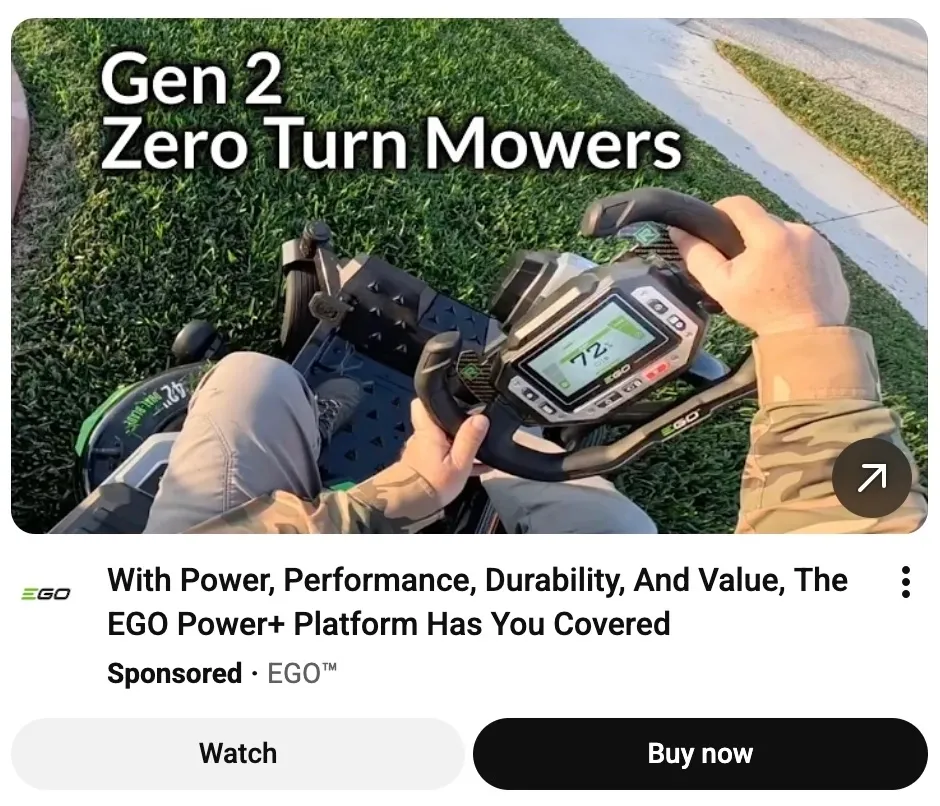 a YouTube ad for Eco Gen2 Zero Turn Lawnmowers