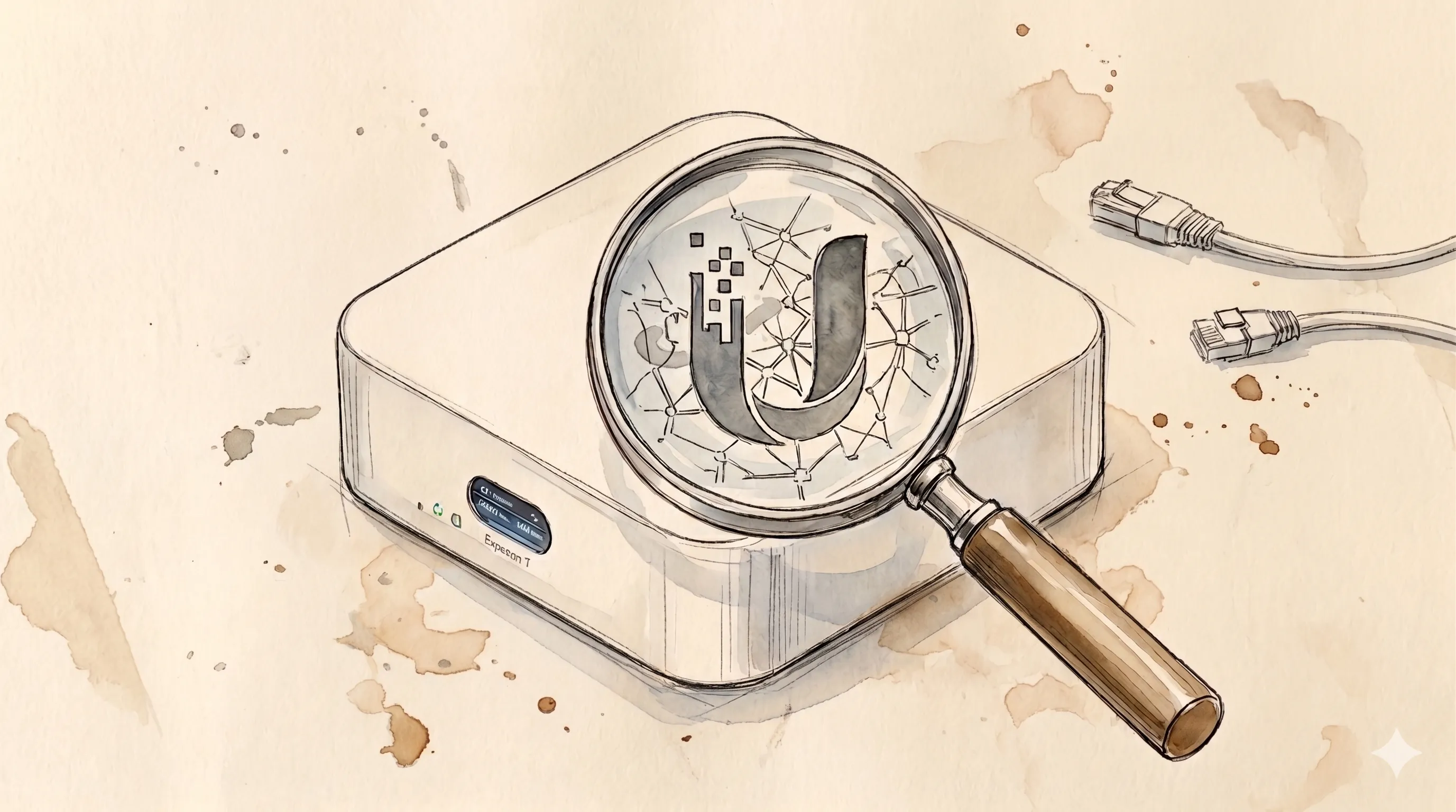 A compact network appliance with a magnifying glass over it revealing a network diagram