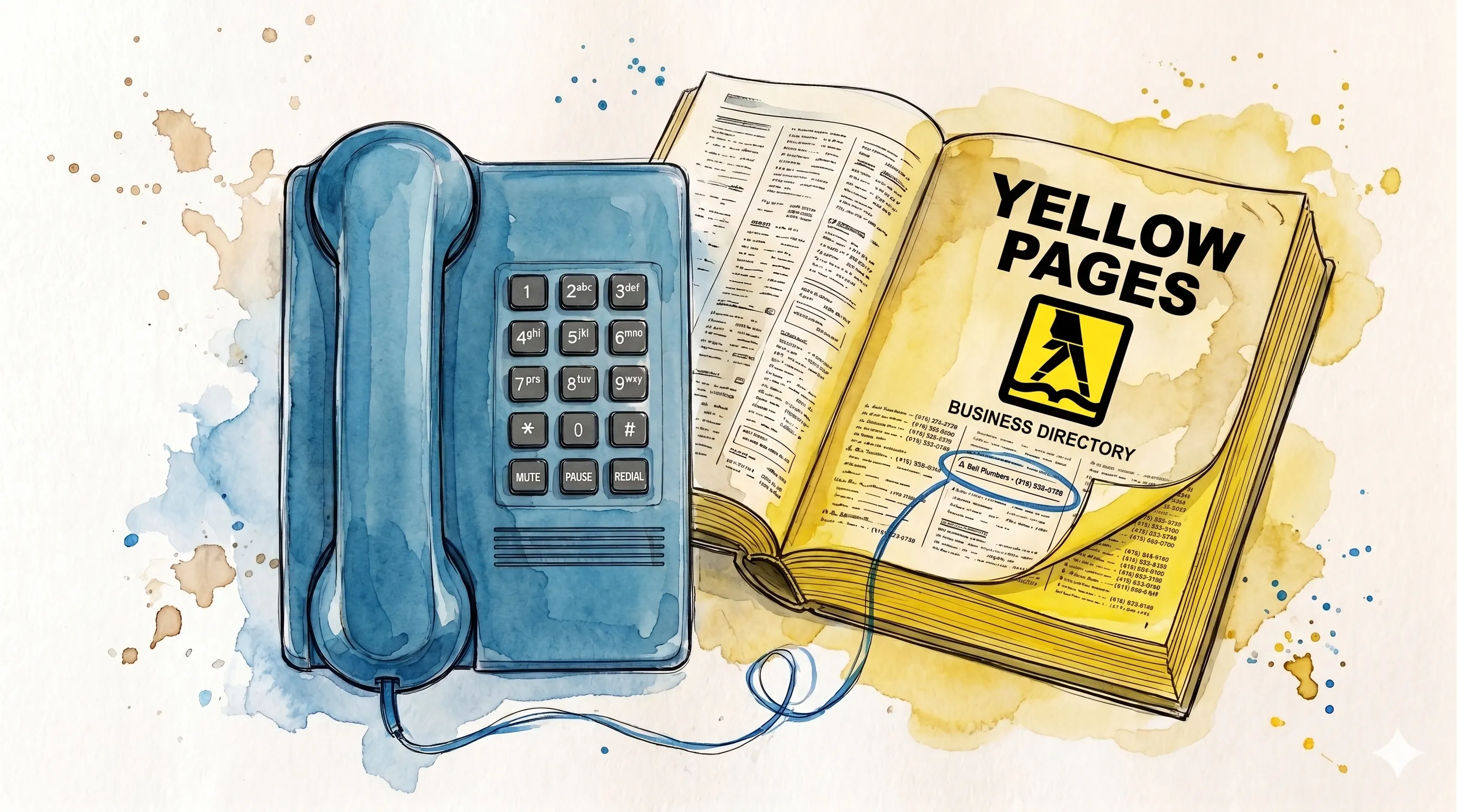 A touch-tone telephone beside an open Yellow Pages business directory